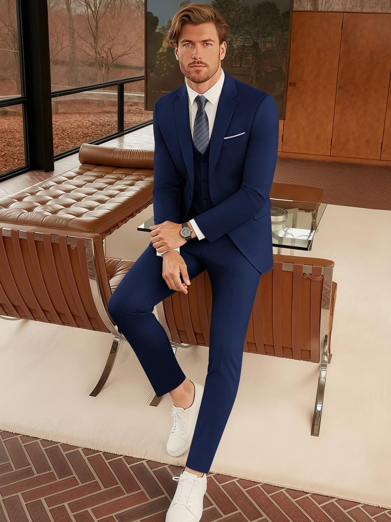 WEEN CHARM بدلات WEEN CHARM للرجال، مجموعة بدلة ضيقة مكونة من 3 قطع مع سترة زرقاء داكنة ذات زرين، صدرية، بنطلون، بدلة رسمية لحفلات الزفاف، الحفلات، الأعمال - Image 4